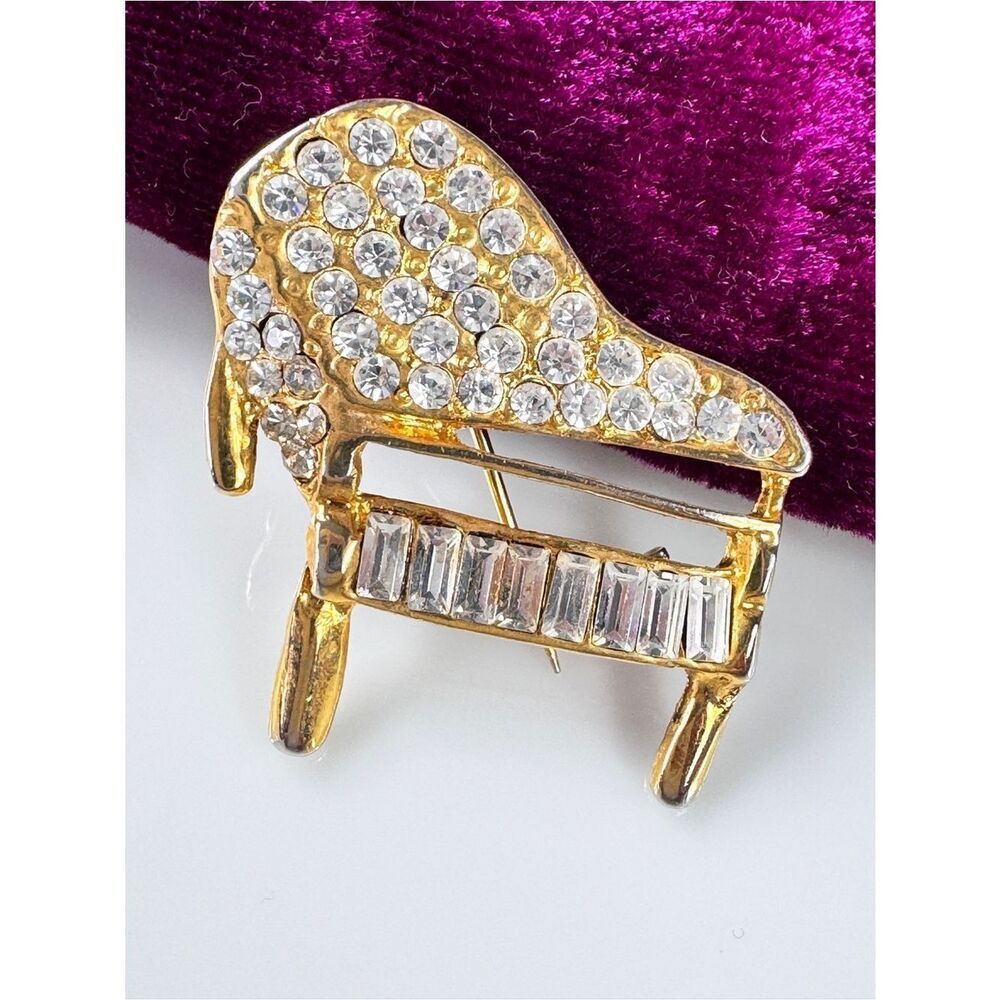 Gold Crystal Piano Brooch - Sparkling Clear Rhinestones